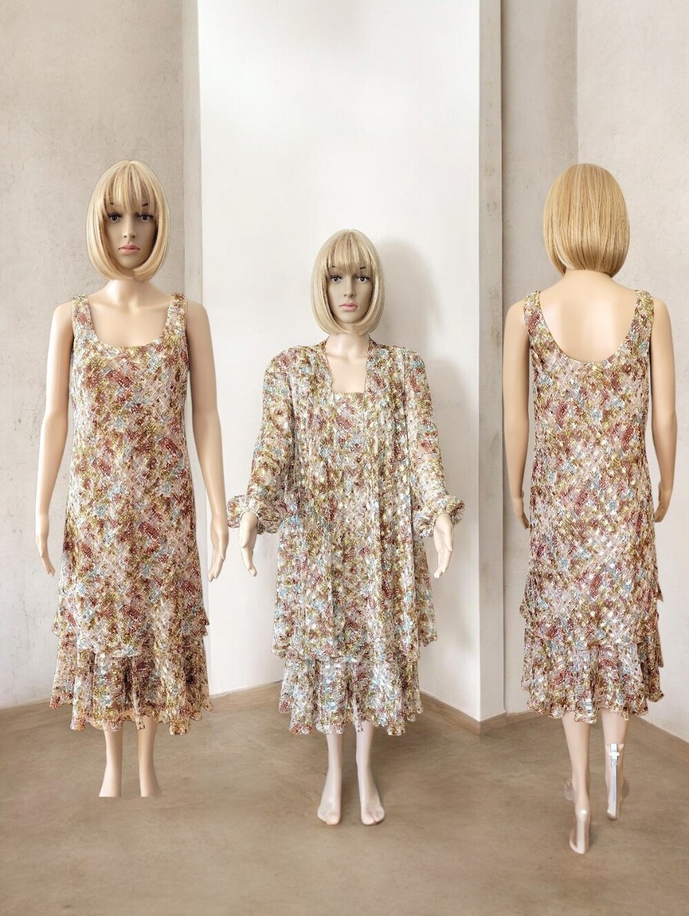 Vintage Ann Hobbs for Cattiva Cardigan/Duster  Dress Set, 12, Beige/Gold, EUC